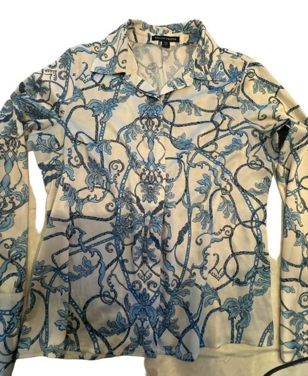 Boston Proper Long Sleeve Button-Down Shirt White Blue Baroque Chain Scroll Prin